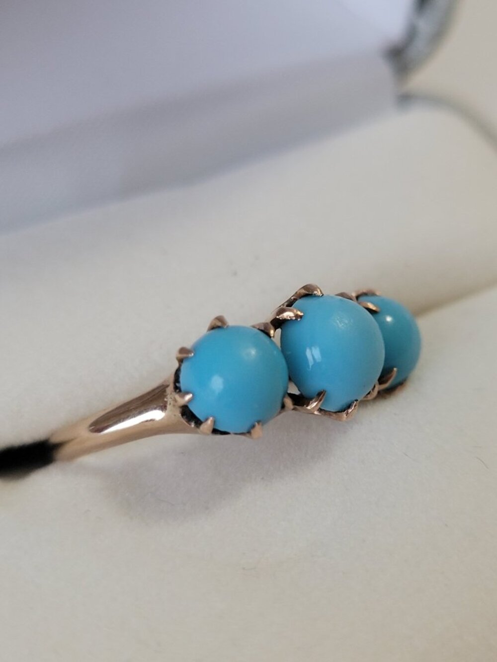 Turquoise Antique Gold Ring Victorian 3 Blue Stones 10k December Birthstone - Picture 12 of 16